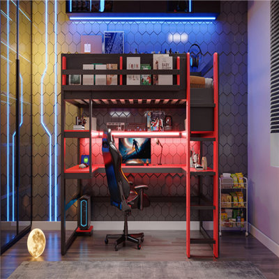 Twin Size Wood Loft Bed With Desk,Side Storage Rack,Multi-Storage Shelves And Rgb Light,Red