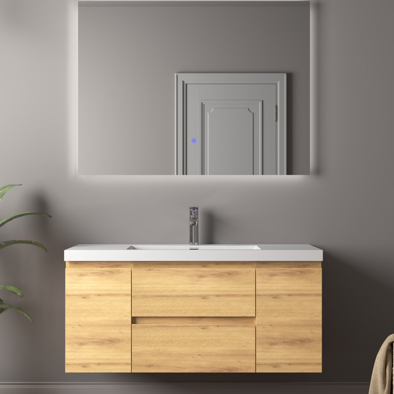 Meuble-lavabo mural simple 48 po avec plateau en pierre blanc brillant et 2 tiroirs A.Oak Modern, 48"