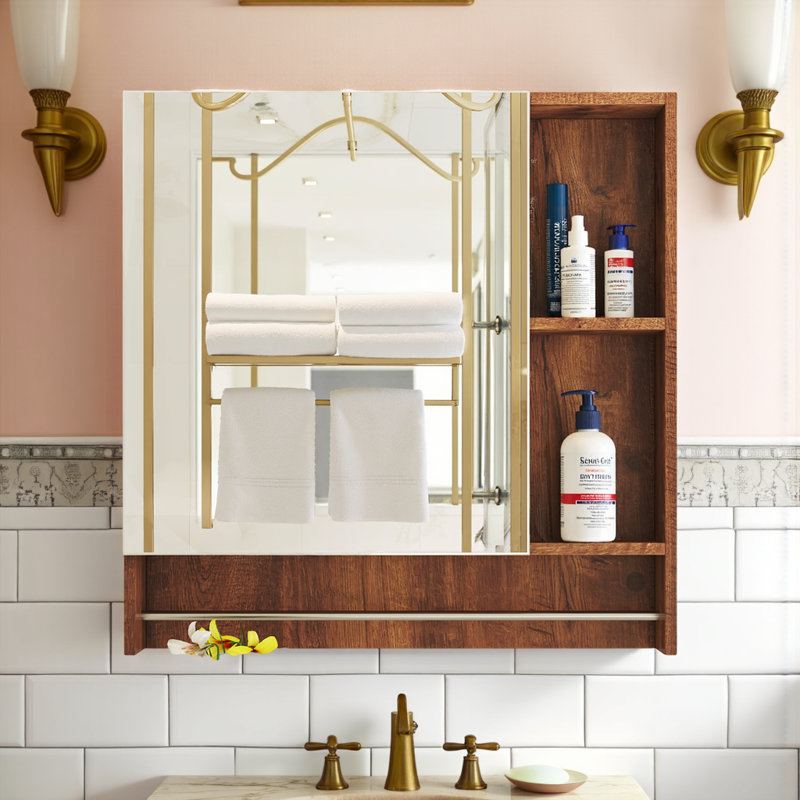 Armoire de toilette murale à miroir avec porte-serviettes, rangement dissimulé et ouvert, Noyer