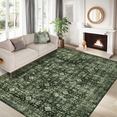 Tapis vintage délavé de 8 pi x 10 pi - Lavable, à poils courts ultra-minces, antidérapant, résistant aux marques et doux tapis décoratif floral pour le salon, la chambre à coucher, la salle à manger, le bureau - vert, stock des États-Unis, taille: 8 x 10 pi (244 x 305 cm)