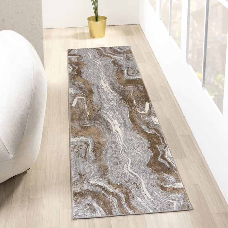 Marble Abstract Brown Beige Gold Area Rug, Rectangle 2' x 7'