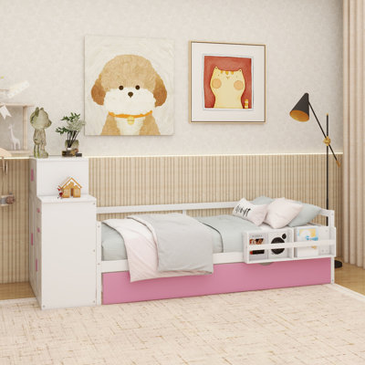 Twin Size Wood Platform Bed With Sample Bookshelf And Movable Wardrobe, Multifunctional Bed With Built-In Trundle Bed