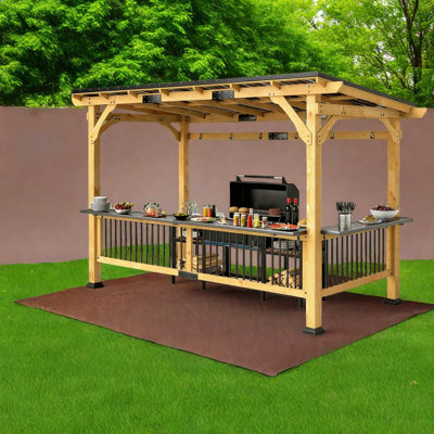 Auvents spacieux avec toit rigide et abris de jardin avec rangement, structure en bois et en métal pour recevoir