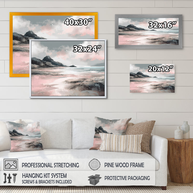 «Pink Coastal Waves I - Modern Beach», reproduction sur toile, H 16 po x l 32 po x P 1 po, Toile tendue
