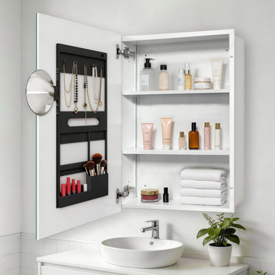 22'' x 30'' Medicine Cabinet with Beveled Edge Mirror, Recessed or Surface Mount Bathroom Cabinet with Built-in Makeup Mirror& Behind-the-door Storage