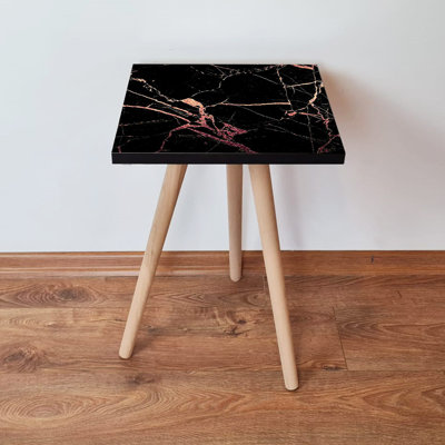 Table d'appoint moderne avec pieds en bois de hêtre, design en marbre noir et rose, 13,8 x 16,5 x 13,8 pouces | 100% panneau de fibres à densité moyenne avec une épaisseur de 0,71 pouce | Table d'appoint élégante et fonctionnelle pour le décor du salon et de la chambre à coucher