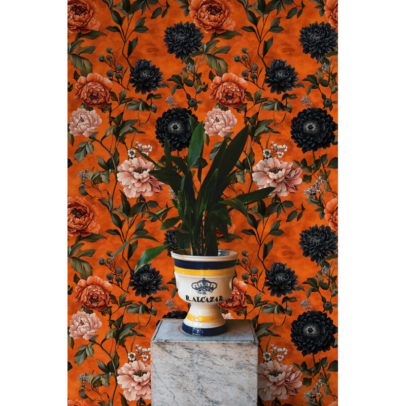 Rouleau de papier peint à motif floral orange audacieux et pivoines noires Dahlias