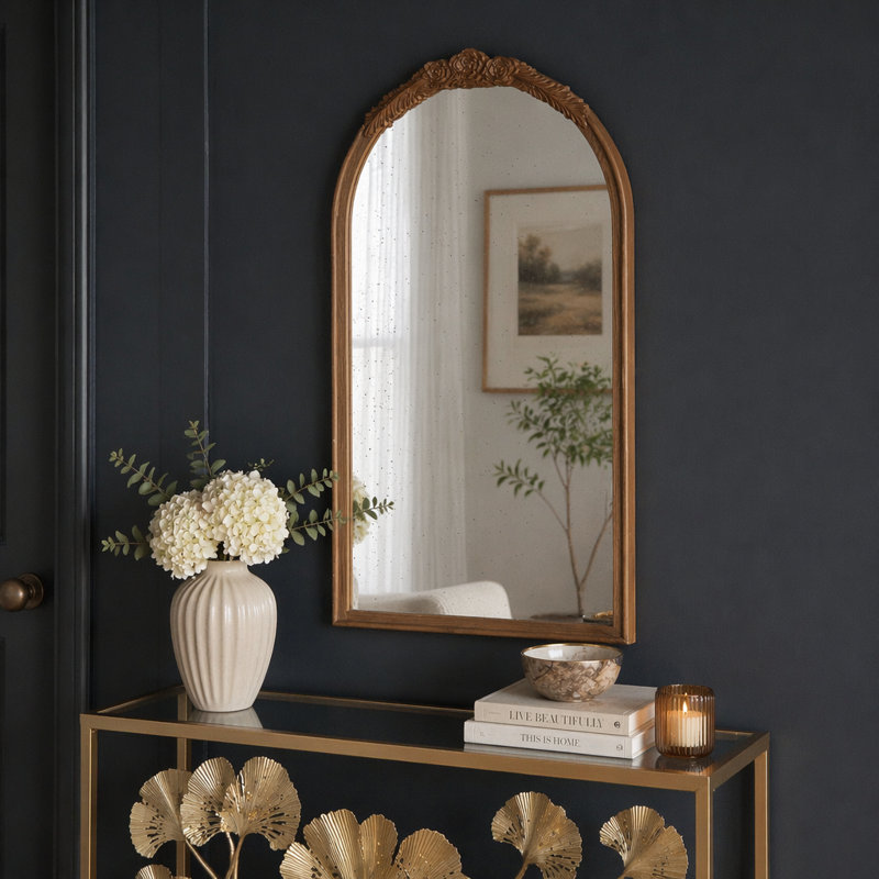 Cadre de miroir antique rose sculpté à la main, 23 po x 42 po, Brun