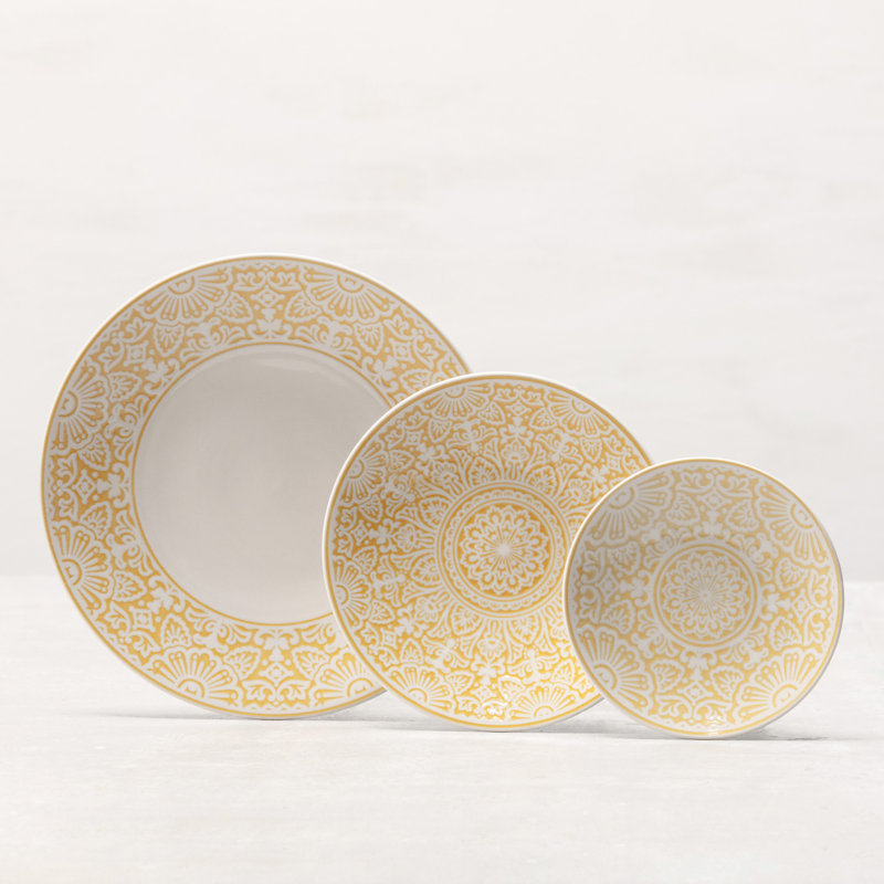 Fortessa Havana Porcelain, 12 Piece Dinnerware Set (Service for 4), Blue, Yellow