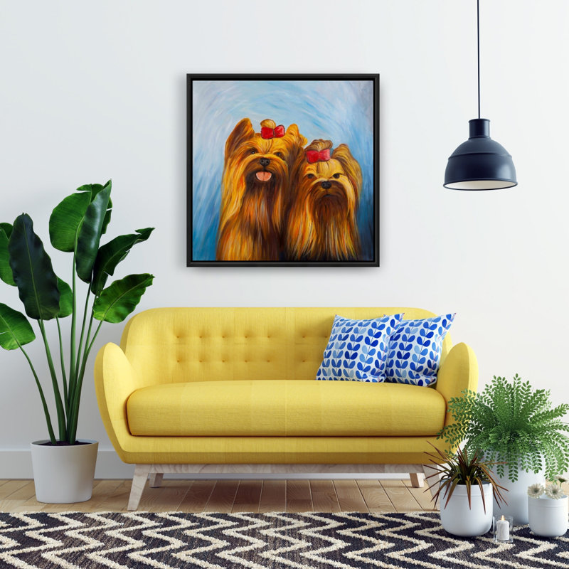 Deux chiens souriants avec un nœud papillon, toile encadrée - Décoration intérieure, H 25,25 po x l 25,25 po