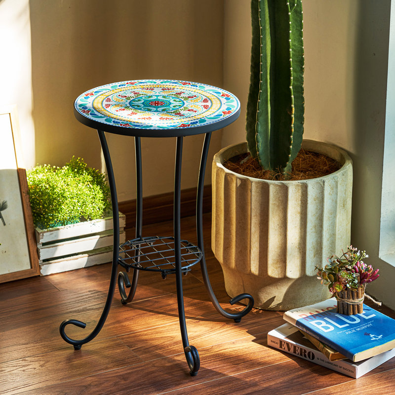 Fenske Patio Side Table with Shelf, Floral