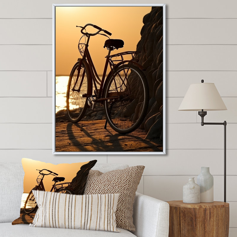 Coucher de soleil, impression d'art mural vélo, H 32 po x l 16 po, Cadre flottant blanc