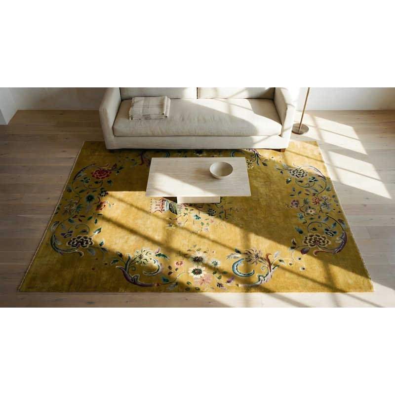 Yellow Gold Color Antique Floral Vase Medallion Design Chinese Deco Carpet