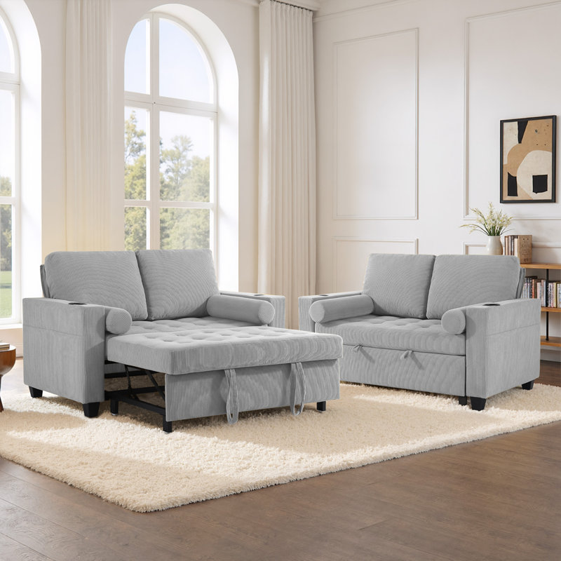 Upholstered Tufted Convertible Pull-Out Sleeper Sofa Bed - Adjustable Backrest With 2 Soft Pillows, Light Grey