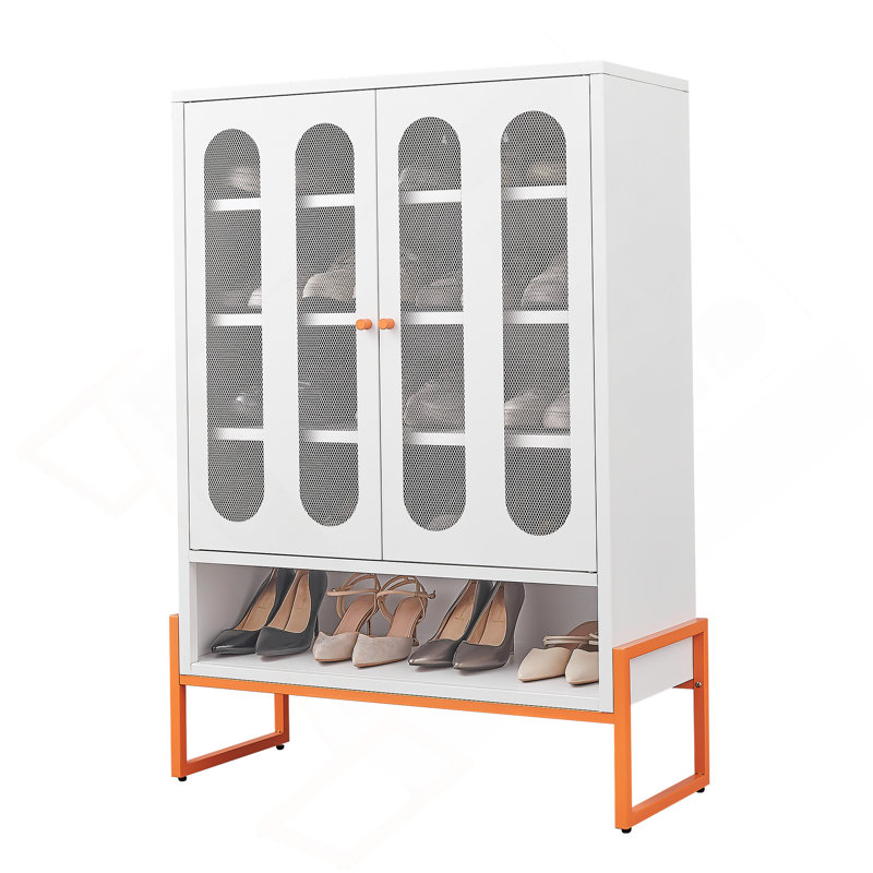 Modern Minimalist Double Door Shoe Cabinet With Adjustable Mesh Doors And High Foot Hollow Storage Cabinet Bottom, Compatible With Robotic Vacuum Cleaners