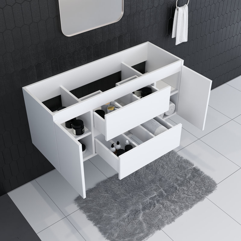 White Wall-Mounted Floating Bathroom Vanity with Ceramic Porcelain Countertop