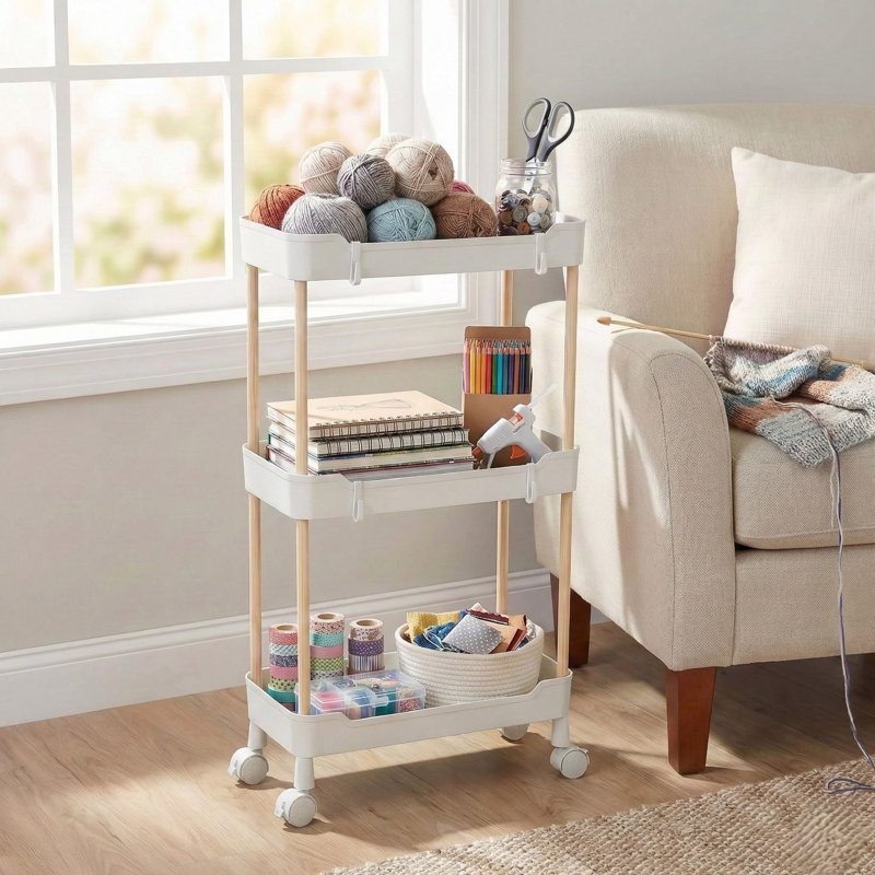 3 Tier Slim Slide Out Storage Trolley w/ Wood Legs and Castor Wheels, White