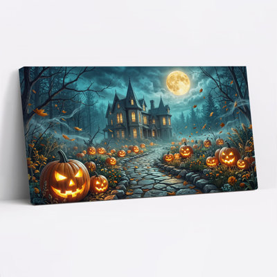 Haunted Victorian Mansion With Glowing Pumpkins Halloween Canvas Wall Art