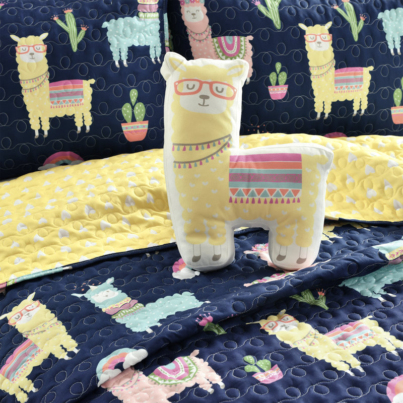 Navy and Yellow Reversible Microfiber Twin Quilt Set for Girls