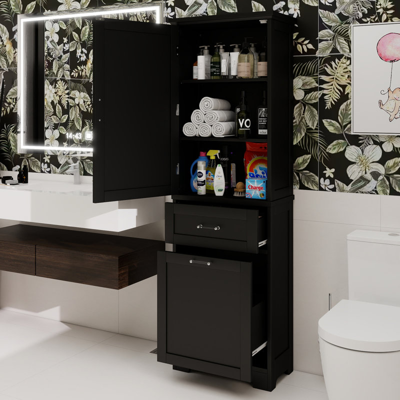 Grande armoire de rangement pour salle de bain, armoire de rangement autoportante avec deux tiroirs de tailles différentes et tablette réglable, panneau de fibres à densité moyenne avec finition peinte, blanc
