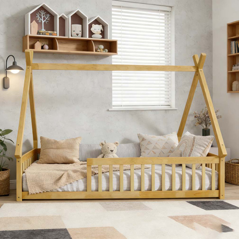 Lit simple en forme de tente, lit tipi avec garde-corps, lattes et porte, Naturel