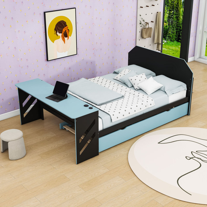 Full Wooden Daybed with USB Port, Desk and Trundle, Cloud Blue