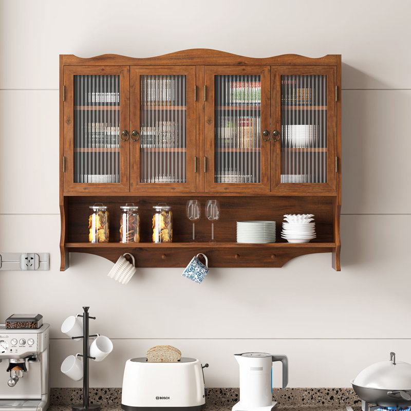 Armoire murale 39,37 po à 4 portes rétro, avec deux niveaux de rangement et un support à crochets ouverts, convient aux salles de bain, cuisines, salles à manger, brun