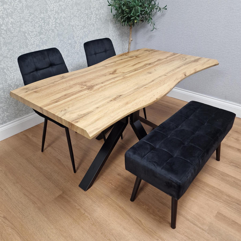 Wood Dining Set with Velvet Chairs Velvet Bench, Black, 75"H x 140"L x 80"W