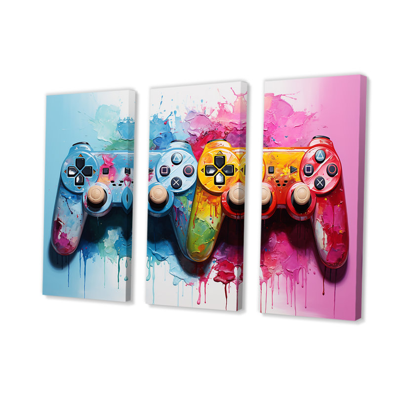 «Pink and Blue Ps Video Game Controllers», art mural jeux vidéo, Toile tendue, H 32 po x l 48 po