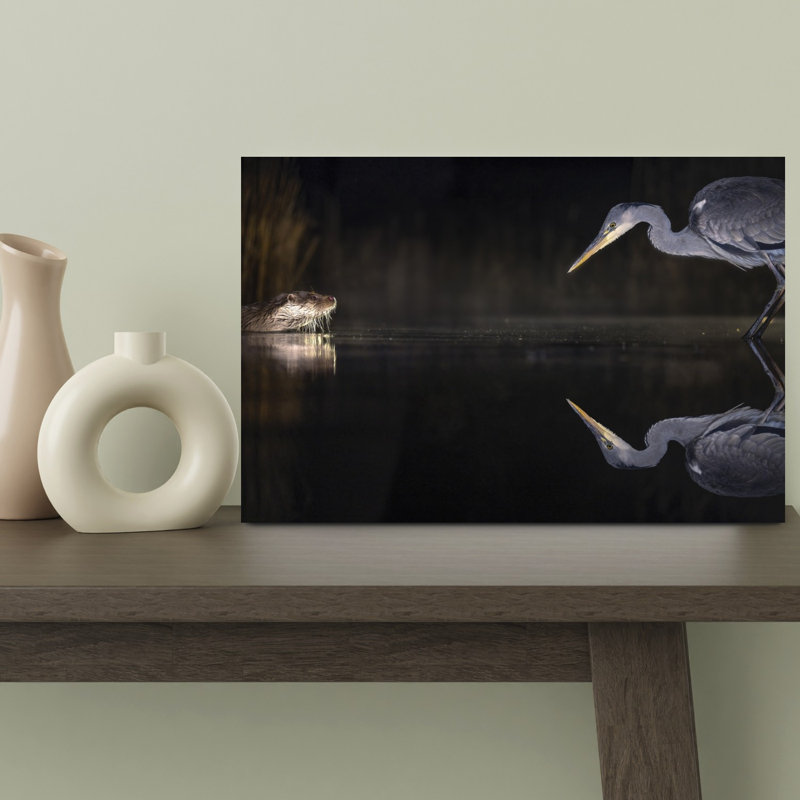 Otter And Heron Encounter Contemporary Bird Wall Art Print, 30.48cm H x 45.72cm W