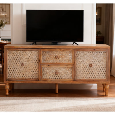 Rattan Tv Stand For Tvs, Wood Tv Stand Mid Century Distressed Tv Stand Tv Media Console With Drawer And Door, Boho Entertainment Centre For Living Room