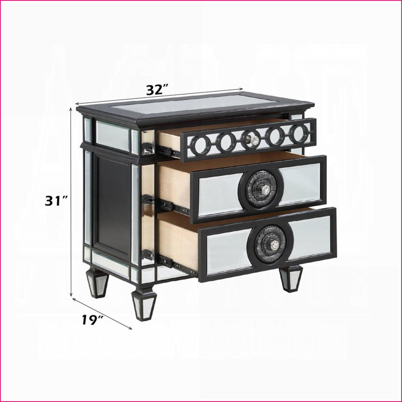 Noir glamour Table de chevet en bois à miroir 2 tiroirs pour chambre à coucher, Argent argent