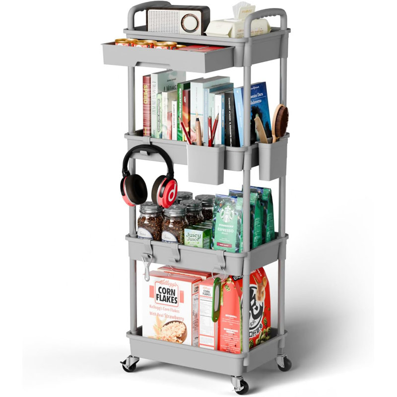 Organisateur de chariot roulant à 4 niveaux avec roulettes, chariot polyvalent pour la cuisine, la salle de bain, le bureau, la salle de bricolage et le rangement de la salle de lavage