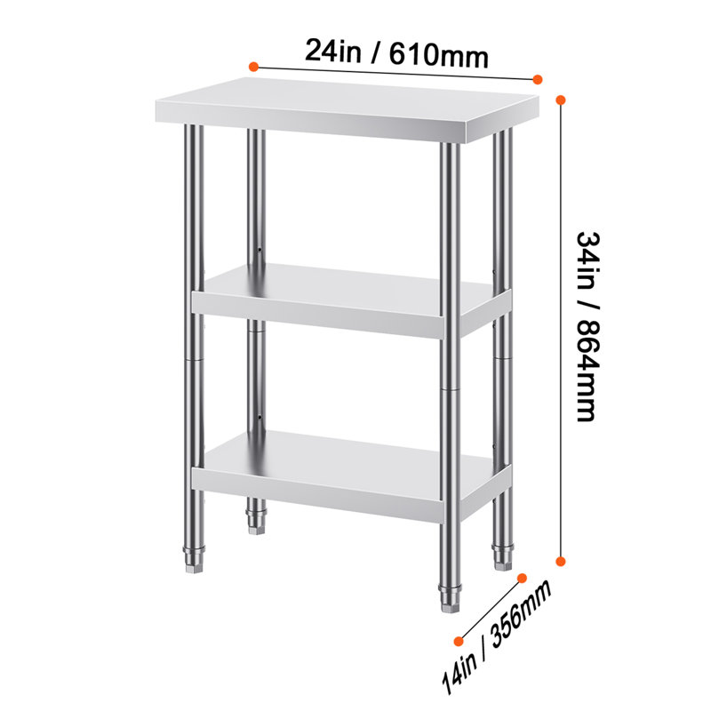 VEVOR Stainless Steel Food Prep Table, Commercial Kitchen Worktable, 34" H x 24" L x 14" W