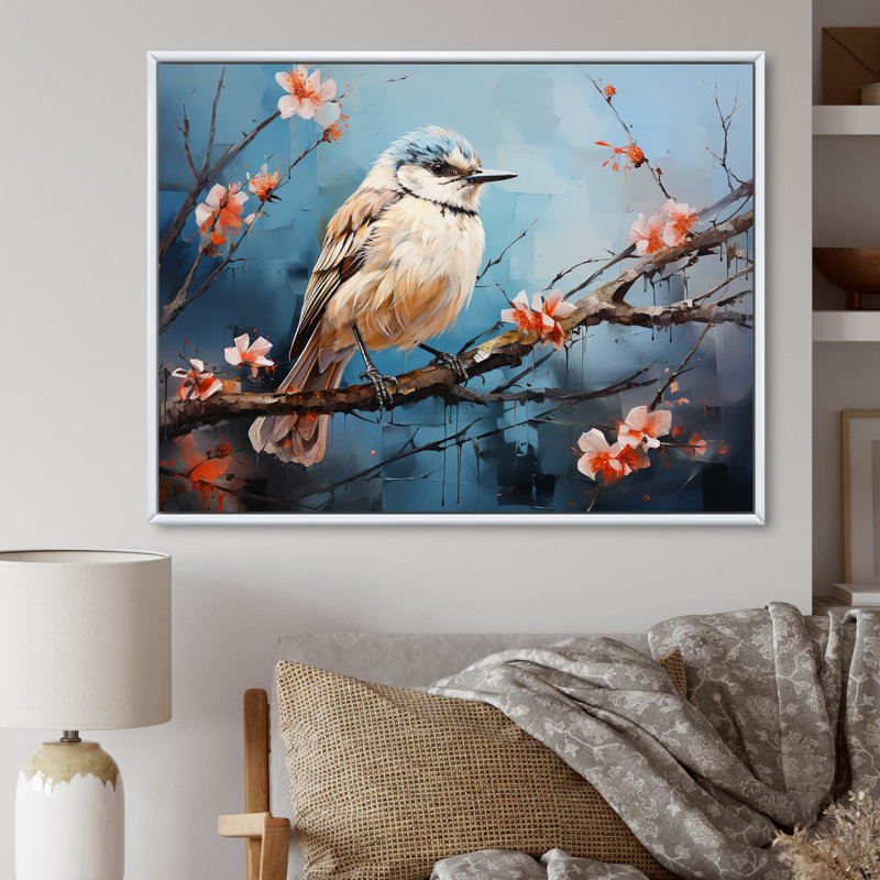 «Winter Birds On Snowdrops Branch» sur toile, H 24 po x l 32 po x P 1 po, Cadre flottant blanc