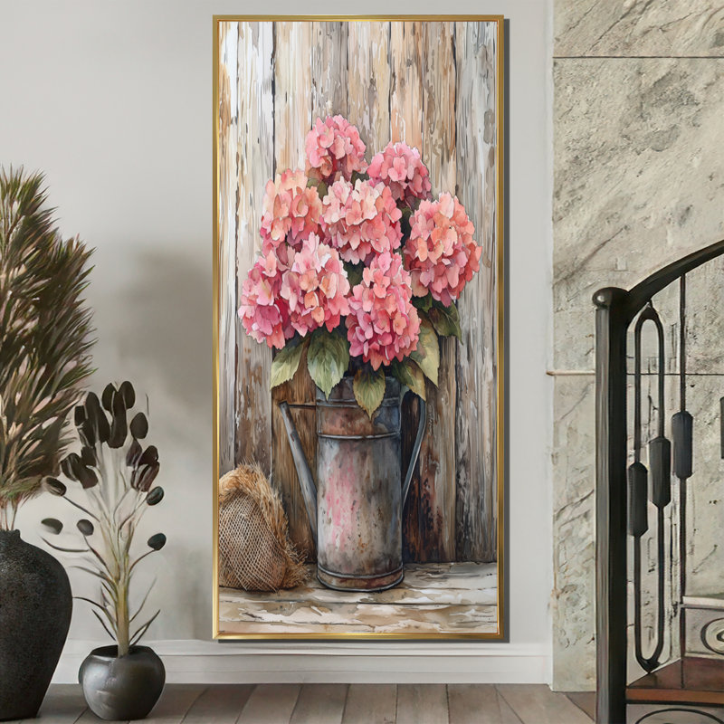 «Rustic Hydrangea Bouquet At The Barn I», art sur toile Hydrangea, H 60 po x l 28 po, Impression encadrée flottante, Gold