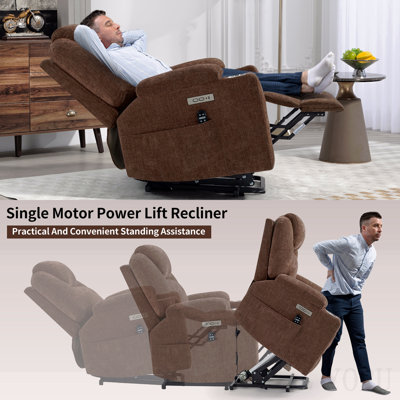 Fauteuil releveur électrique en chenille, supportant jusqu'à 159 kg, mécanisme de mouvement robuste avec massage par vibrations à 8 points et chauffage lombaire, ports USB et Type-C, porte-gobelets en acier inoxydable, brun