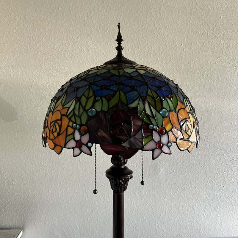Aansh Tiffany Style Floor Lamp Stained Glass Rose Flowers Metal Base LED Bulbs Included 64"H*16"W*16"D, Blue