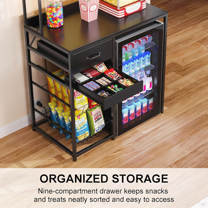 Snack Bar Cabinet with Mini Fridge Space, Compact Snack Organizer with Drawer and Hutch, Coffee Station for Apartment, Dorm or Office, 35.8