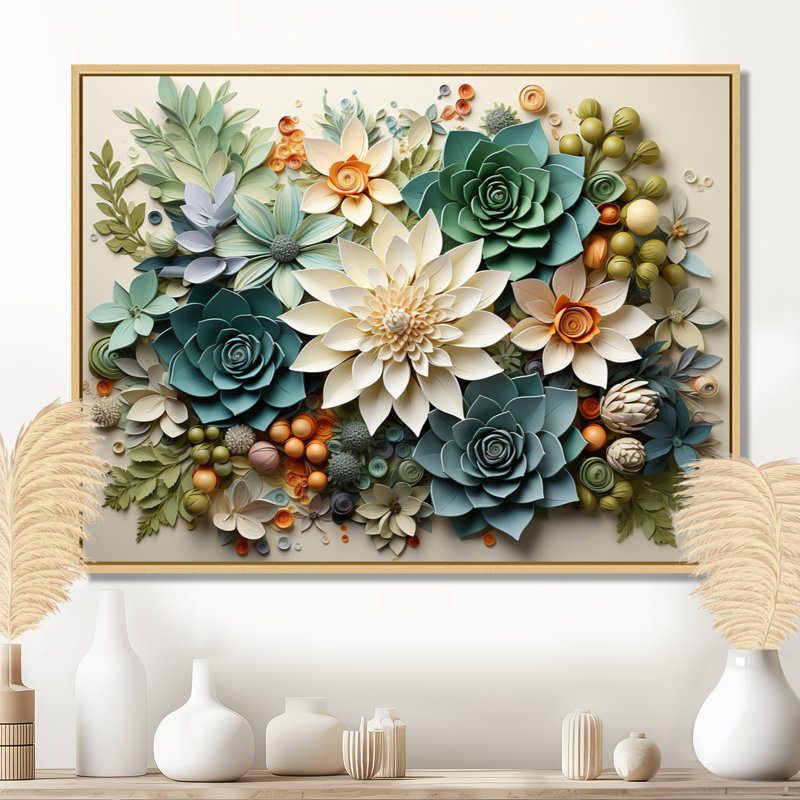 Plantes vertes succulentes sereines - Art mural, H 24 po x l 32 po x P 1 po, Reproduction avec cadre flottant, Érable