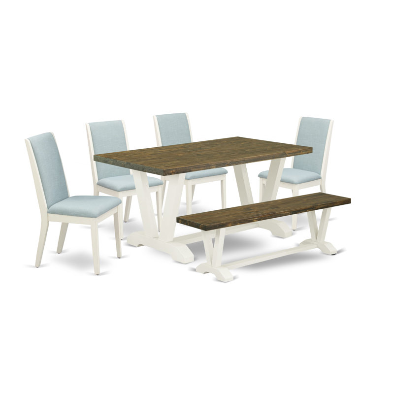 6-Piece Modern Table Set Contains a Distressed Jacobean Kitchen Table and a Dining Bench and 4 Baby Blue Linen Fabric Upholstered Chairs with High Back - Wire Brushed Linen White
