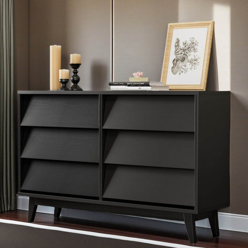 La commode double 6 tiroirs présente un design rétro et biseauté, Noir