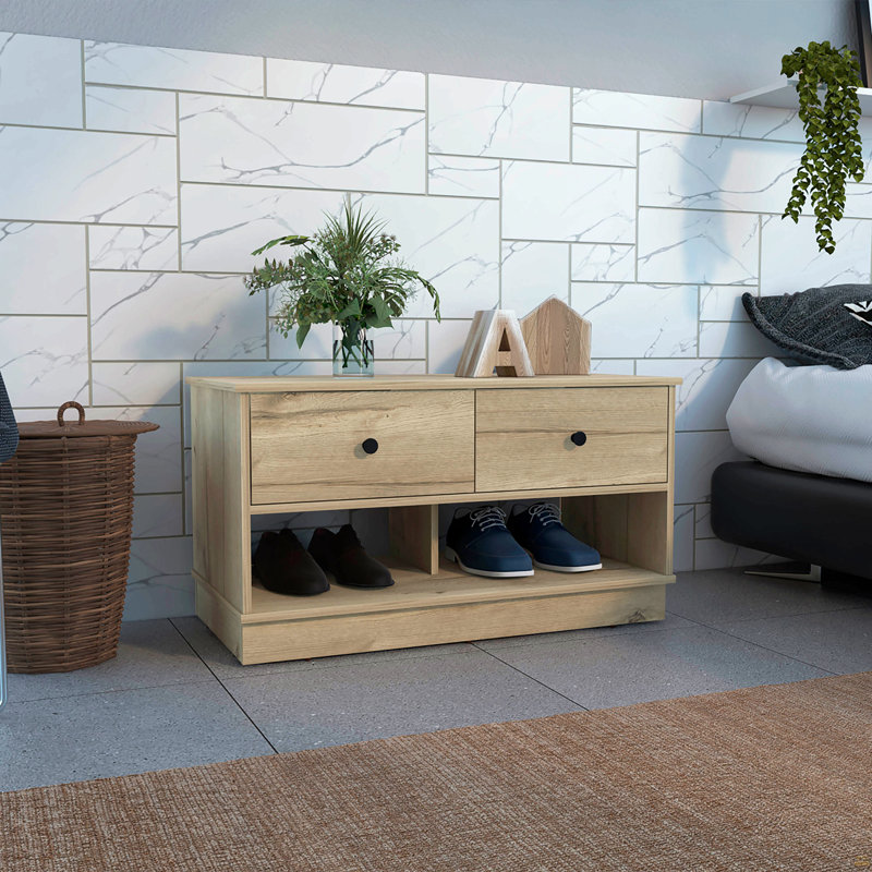 Hamilton Storage Bench, Two Open Shelves, Two Drawers -Light Oak, Beige