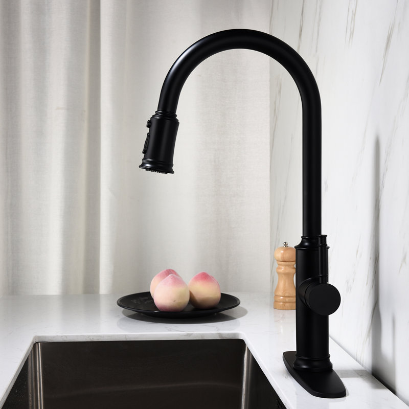 Robinet de cuisine extractible en noir mat: acier inoxydable, buse rotative à 360 °, revêtement antirouille, contrôle du débit d'eau à une poignée avec - finition de traitement rotatif résistant à la corrosion,