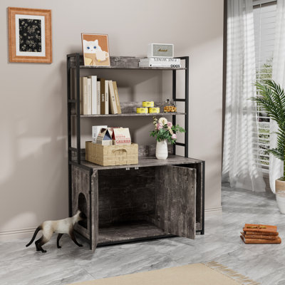 Large Cat Litter Box Enclosure With Shelf Storage, Hidden Cat Washroom Furniture, Wooden Cat House With Scratch Pad, Sturdy Indoor Cat Cabinet With 2 Doors(Grey)