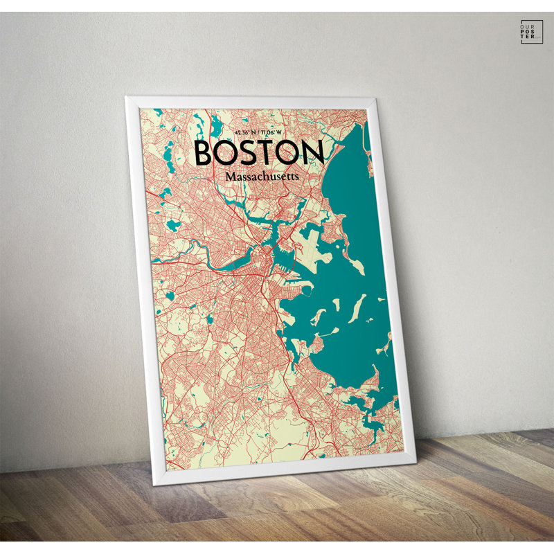 « boston city map », reproduction d’impression sur affiche en couleur, H 17 po x l 11 po