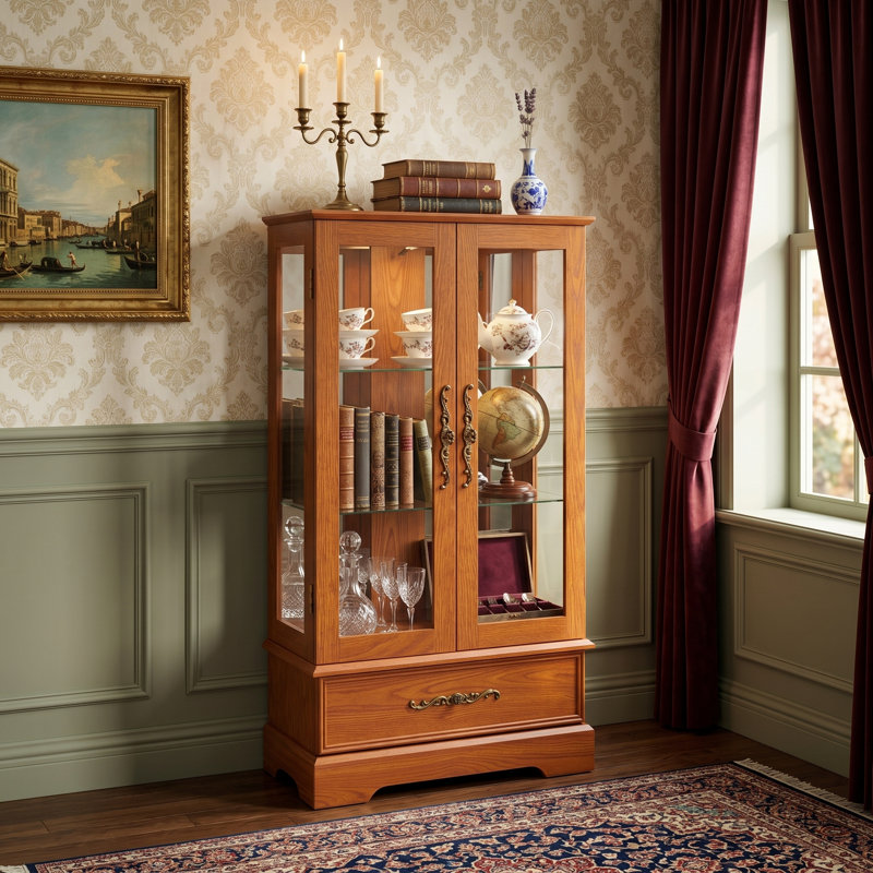 Lighted 2-Door Glass Curio Display Cabinet With Adjustable Shelves, Built-In Drawer, And Included Light Bulb, Dark Oak