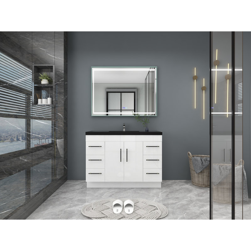 Ensemble de meuble-lavabo simple 48 po Campbell-Johnson, Blanc très luisant, Noir mat