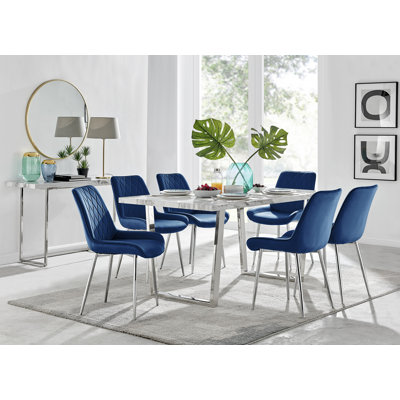 Kylooe Modern Marble Effect And Silver Dining Table Set With 6 Luxury Velvet Dining Chairs