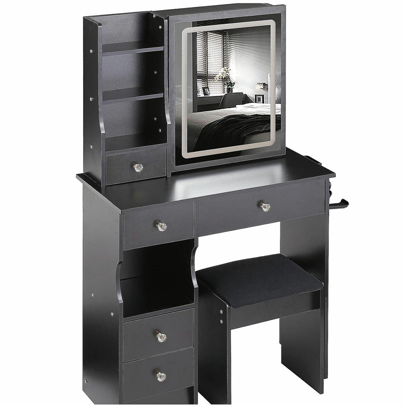 29.2" Small Size Left Drawer Desktop Vanity Table + Cushioned Stool, 2 AC+2 USB Power Station, Hair dryer bracket, Extra Large Touch Control Sliding LED Mirror, Tri-color Switching, Brightness Adjust